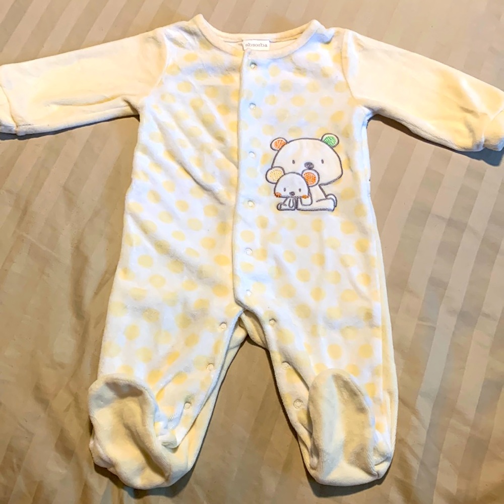 Absorba yellow and white snap terry cloth onesie pajamas size 3-6months